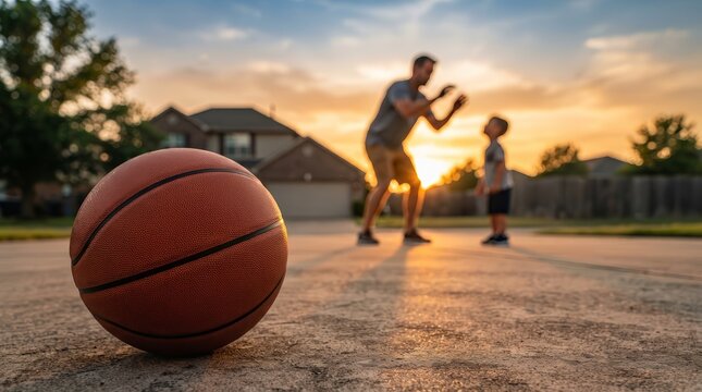 A father and son playing basketball during a weekend outdoor sport activity.