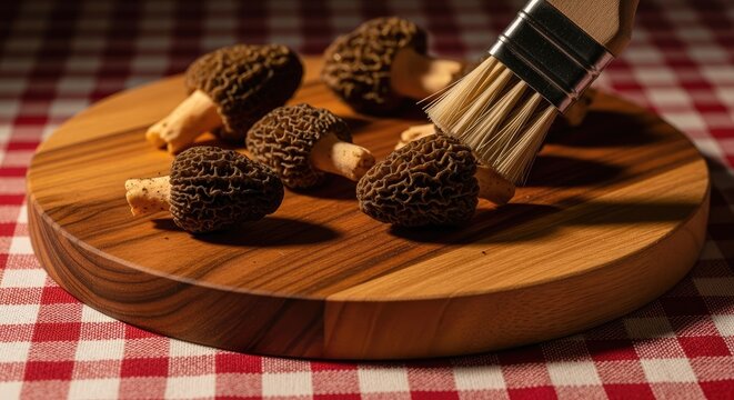 Morel mushrooms on a wooden board being brushed, set on a red checkered tablecloth