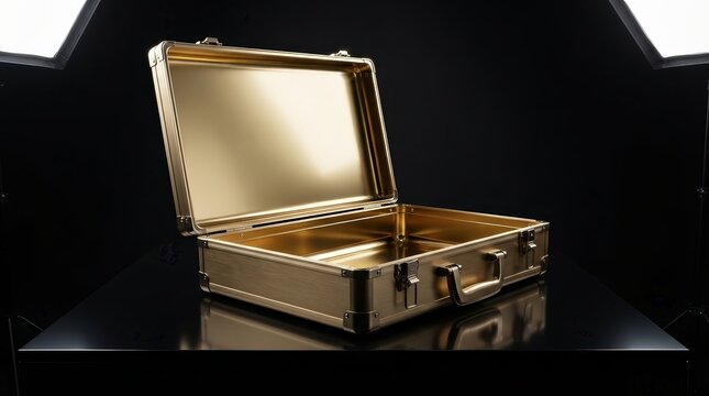 A shiny gold briefcase standing open to suggest wealth and opportunity.