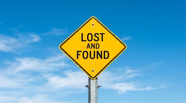 Lost and found text on a yellow diamond road sign with wispy clouds and blue sky.