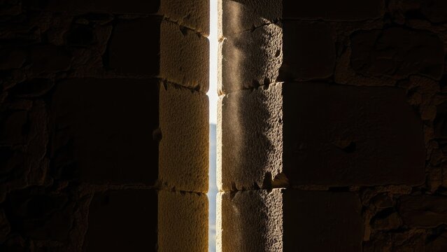 Narrow light pierces the dark stone wall of an ancient building, creating dramatic contrast