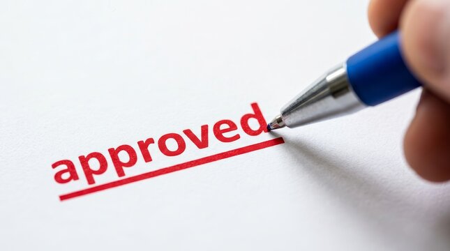 Official document showing the word approved in red ink with a blue pen.