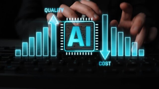 Futuristic AI Technology Concept with Keyboard and Graphs Illustrating Quality and Cost Trends in Digital Market Sigmoid