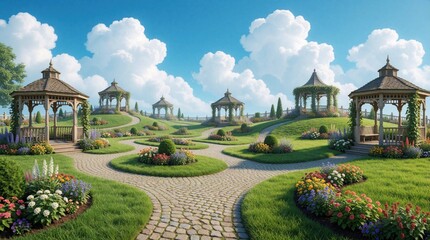 Obraz premium Idyllic landscape with ornate gazebos surrounded by lush green plants and vibrant flower beds. Stone paths wind through manicured lawns under a bright, cloudy sky.