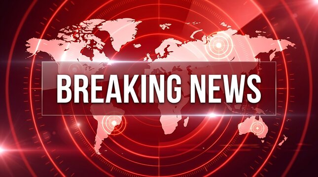 Breaking news broadcast alert with global map and urgent red lighting for live TV coverage