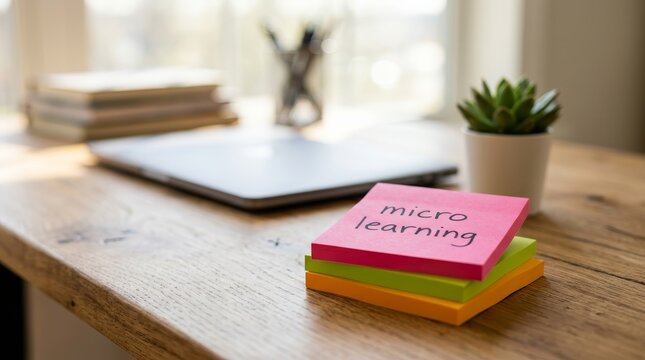 A stack of colorful sticky notes with micro learning text beside a laptop on a wooden desk.
