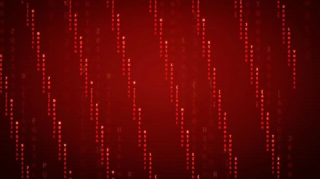 Abstract red digital rain with falling binary code and alphanumeric characters on dark background