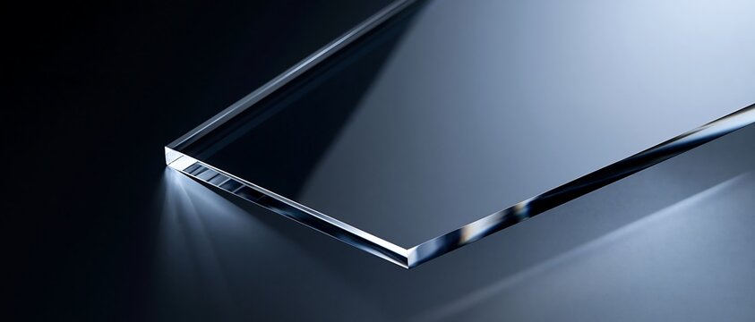 Clear rectangular acrylic sheet with light reflections on dark surface