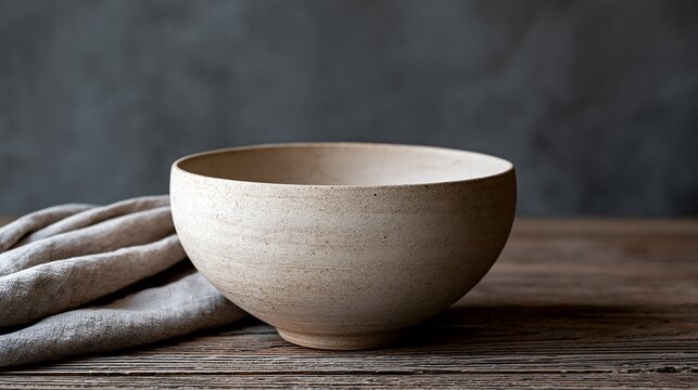 Rustic Ceramic Bowl and Linen Cloth on Wooden Table, Neutral Tones
