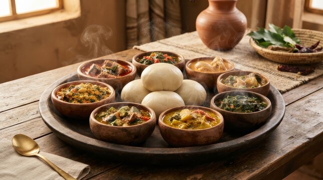 Steaming West African fufu and assorted soups like pepper soup presented in wooden bowls.