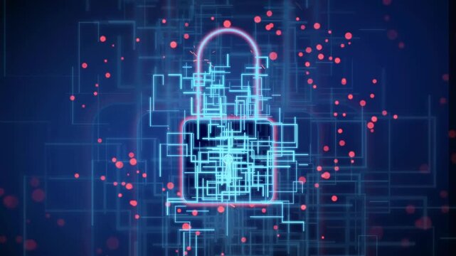 Digital padlock icon with glowing circuit lines and floating data particles on dark blue background