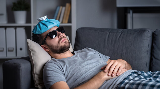 Migraine sufferer lying on sofa with ice pack and sunglasses. Man managing severe headache symptoms at home.