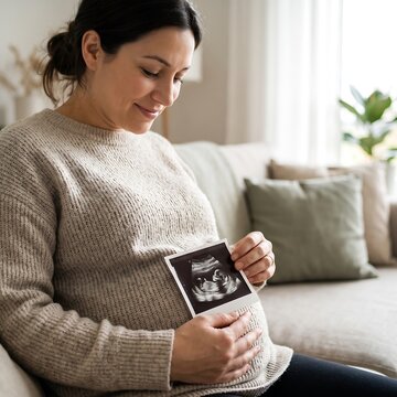 Smiling pregnant woman holding ultrasound photo showing baby, feeling happy anticipation at home