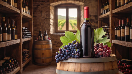 Fototapeta premium Red wine bottle and fresh grapes on wooden barrel in rustic cellar. Traditional winemaking and viticulture concept.