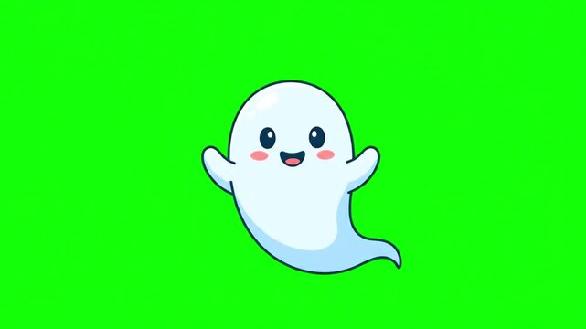 Cute cartoon ghost character waving happily on green screen background