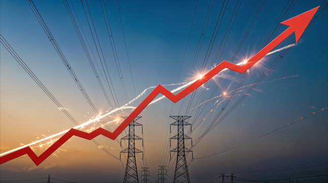 Rising utility prices indicated by red upward arrow over high voltage transmission towers. Energy cost inflation and increasing power demand concept.