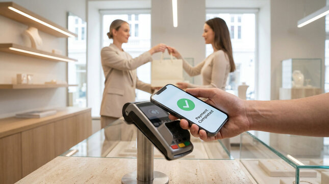 Side View of Contactless Smartphone Payment in Luxury Jewelry Boutique with Copy Space