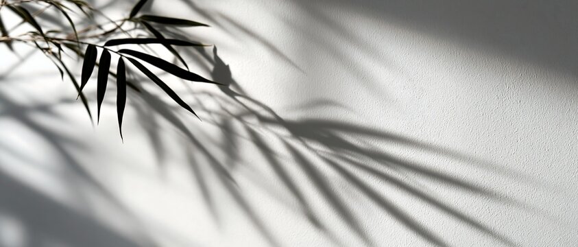 Abstract shadow play: plant leaves cast against a textured white wall