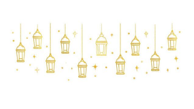 Collection of golden hanging Ramadan lanterns and sparkling stars on a white background