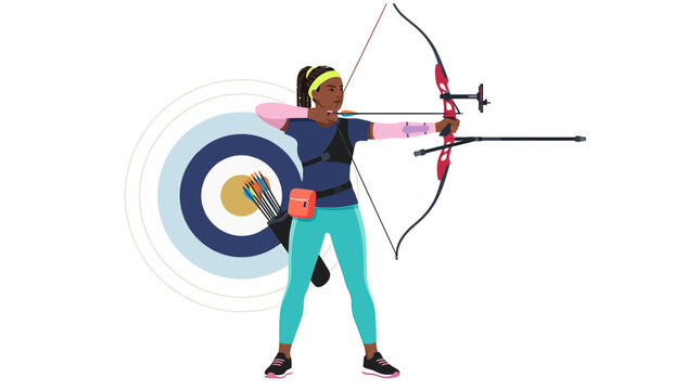 Determined female archer holds professional compound bow with steady focus while aiming at central target rings