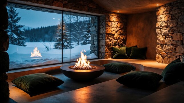 Modern lounge with central fire pit and plush seating overlooks snowy forest landscape through large window. Stone walls and warm lighting create cozy atmosphere. Serene winter retreat.