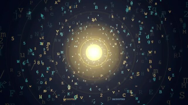 Abstract digital data stream with glowing central light and floating alphanumeric characters in dark space