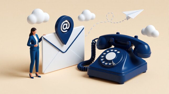 Businesswoman in suit stands near big envelope with email icon, old rotary phone on beige background with clouds. Concept illustration of corporate communication network connection tech support,