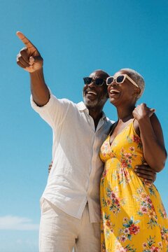 Elderly Black couple enjoys vacation pointing towards horizon on sunny beach day. Happy seniors share romantic moment, embracing ocean views, embodying love and travel. Leisurely seaside trip.
