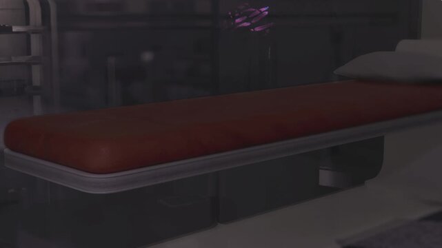 Cold mortuary slab beneath low light, vinyl padding on metal frame, somber sterile atmosphere suggesting forensic examination, muted tones and shadowed corners,