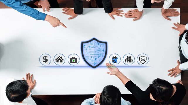 Business Team Discussion on Digital Security Concepts with Icons Representing Protection, Finance, and Safety Measures in Modern Work Environment. Entropy.