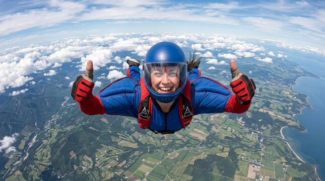 Skydiver gives thumbs up while falling through the sky above a green landscape