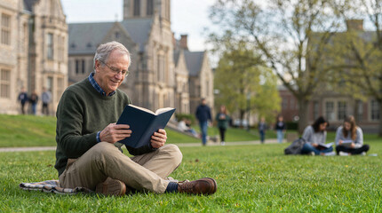 Fototapeta premium Elderly man reading a book on a college campus lawn with students in the background