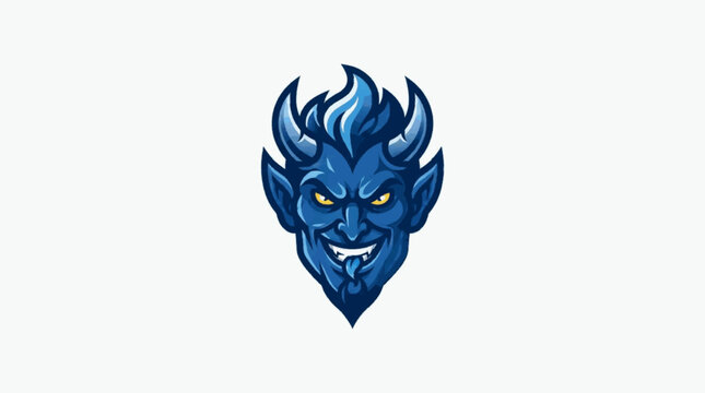 Vector illustration of blue devil head front view with flaming hair and horns. Angry cartoon demon mascot with glowing yellow eyes and evil grin. Clean flat design for esports, gaming, and sports team