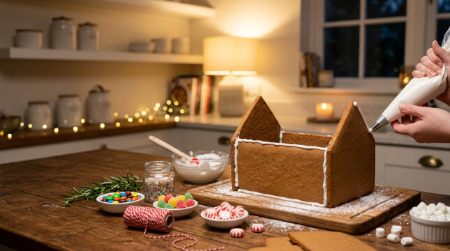 Person decorating a gingerbread house with royal icing in a cozy kitchen setting