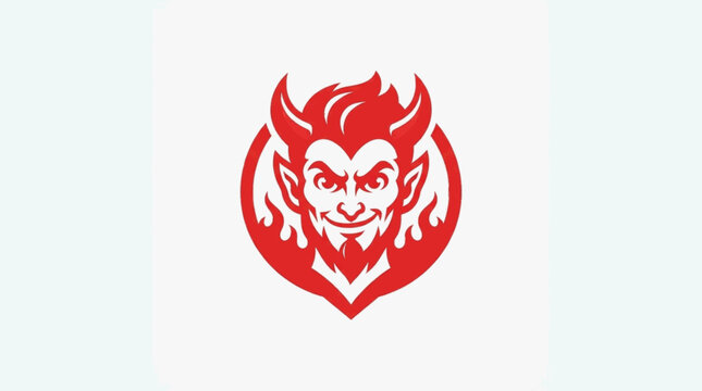 Vector logo of red devil head with horns inside flame shield shape. Evil smiling demon face with fiery elements and sharp eyes. Concept of hell, power, danger, and rebellion. Clean flat design for esp