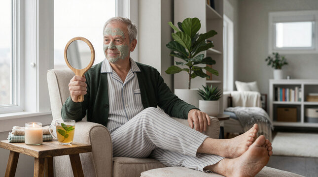 Elderly man applying face mask and holding mirror while relaxing at home