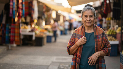 Fototapeta premium Elderly woman smiling in a vibrant outdoor market with colorful textiles