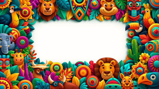 A vibrant, colorful jungle-themed border filled with animals and tropical leaves.