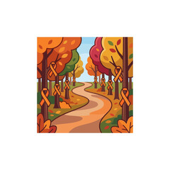 Fototapeta premium Winding autumn forest path with trees marked by orange ribbons