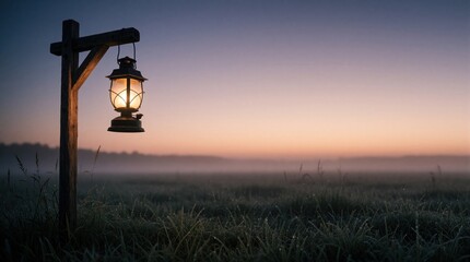 Obraz premium Vintage lantern hangs from wooden post at misty dawn. Gentle sunrise glow illuminates dew on grass field. Peaceful rural landscape offers quiet morning atmosphere and calm scene.