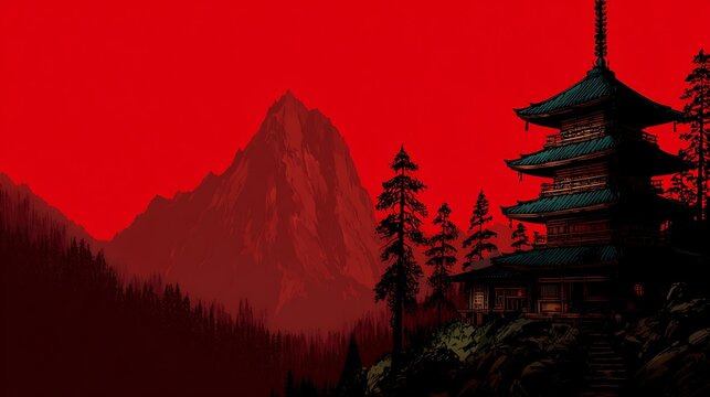 Red pagoda temple silhouetted against a red sunset sky with dark mountains and trees