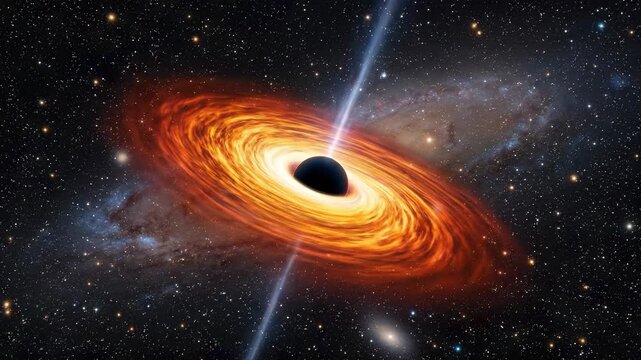 Black hole, supermassive cosmic phenomenon demonstrating intense gravitational pull, devouring matter and energy, forming a glowing accretion disk.