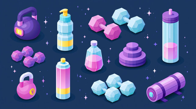 Colorful fitness equipment illustration featuring weights and water bottles.