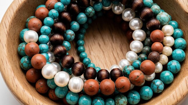 Collection of colourful bead bracelets inside wooden bowl. Round turquoise stone pearls brown dark wood beads, white natural shiny pearls create stylish jewellery accessory mix. Close up view on