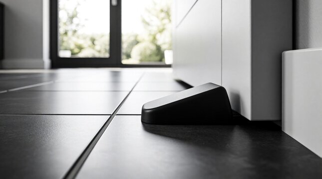 Modern black rubber door stop sits on grey tile floor near white baseboard and cabinet. Device prevents door from hitting wall, useful home accessory. View from low angle.