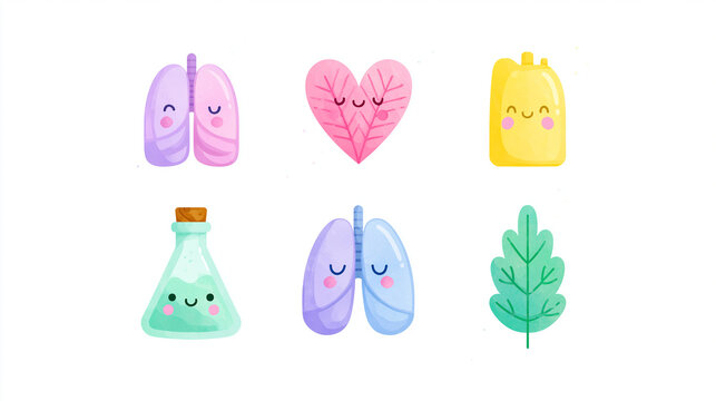 Cute cartoon illustrations of lungs, heart, flask, and leaves in pastel colors.
