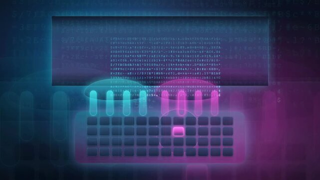Abstract digital keyboard with flowing binary code and neon blue and pink light effects