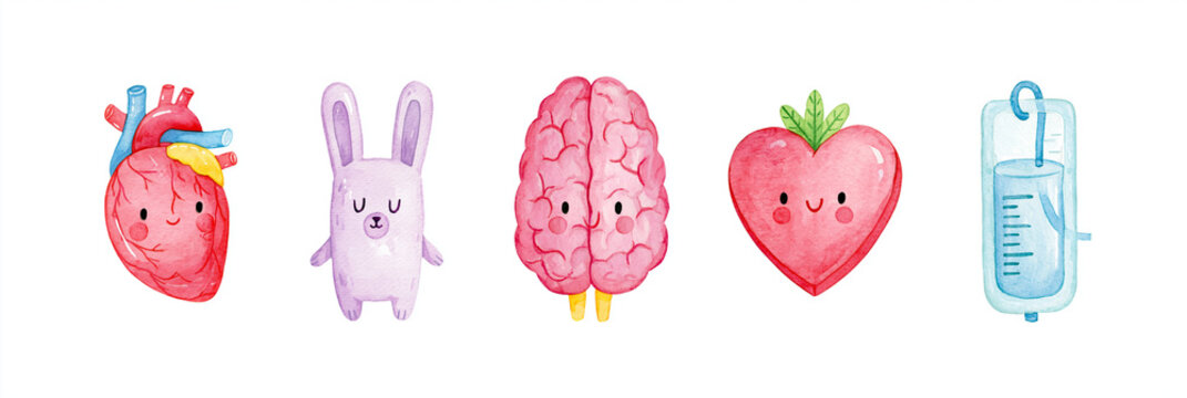 Colorful cartoon characters representing heart, brain, and medical themes.