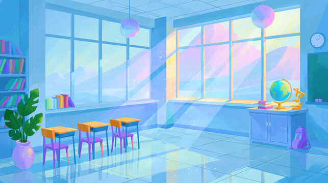 Bright and colorful classroom interior with three empty chairs and vibrant decor.
