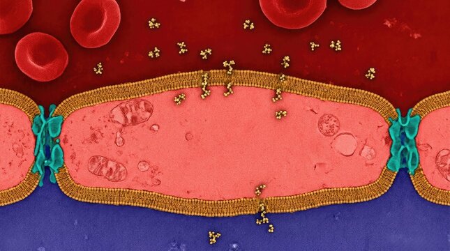 Nicotine molecule penetrating endothelial cell membrane of the blood brain barrier, demonstrating lipid soluble chemical transport from capillary vessel into cerebral neural tissue.